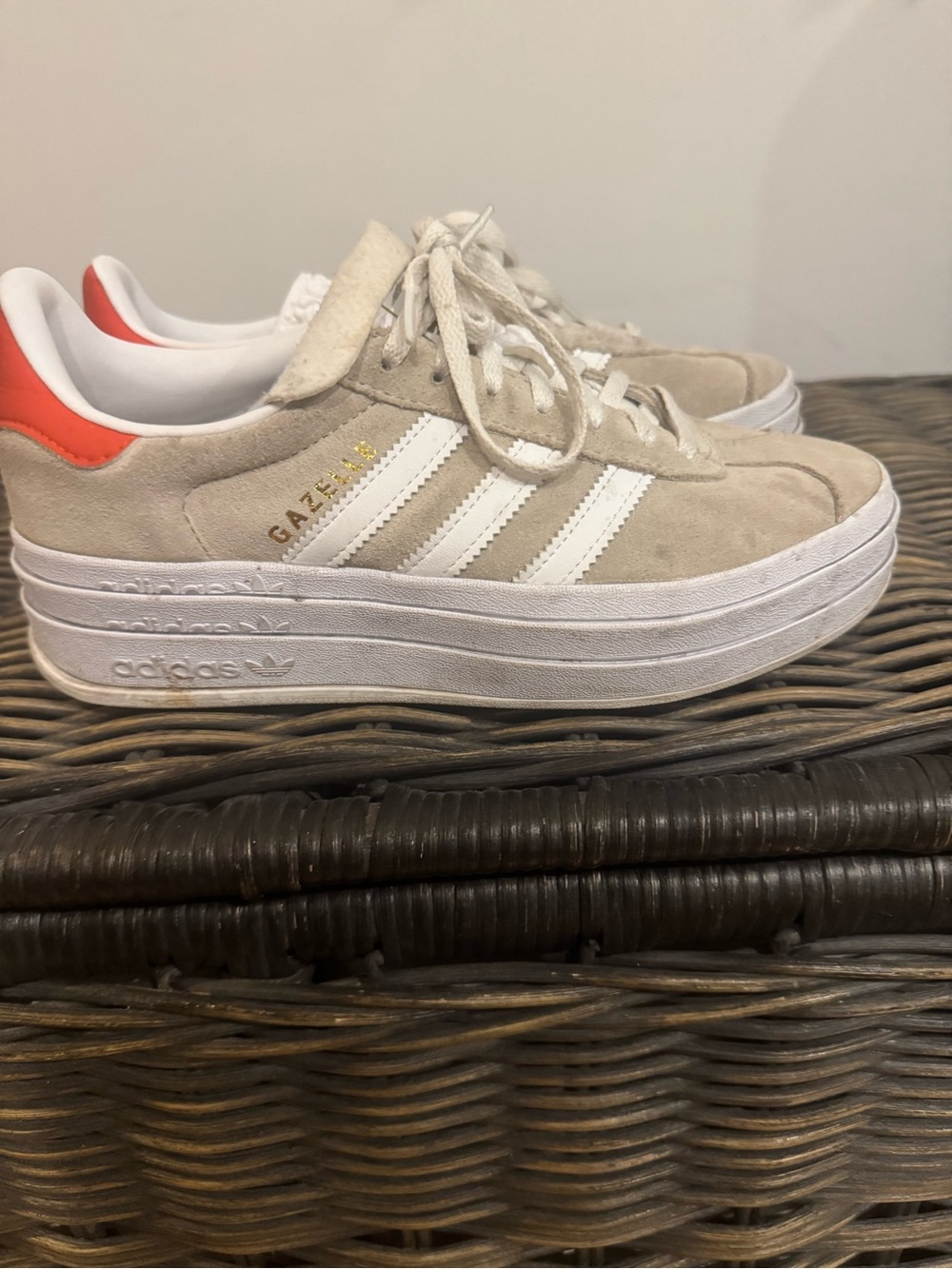 adidas Gazelle Bold Platform Suede Sneaker — Beige with White & Orange Heel